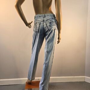 Duran Vintage 80s Acid Wash Pants Womens 28 x 31 Blue Chambray Beads Accents